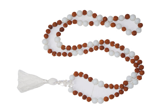 Blancing Energy Hand Knotted Moonstone Rudraksha Yoga Mala Spiritual