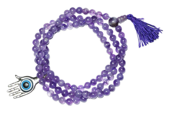 Yoga Mala Beads Amethyst Prayer Rosary 108 Hamsa
