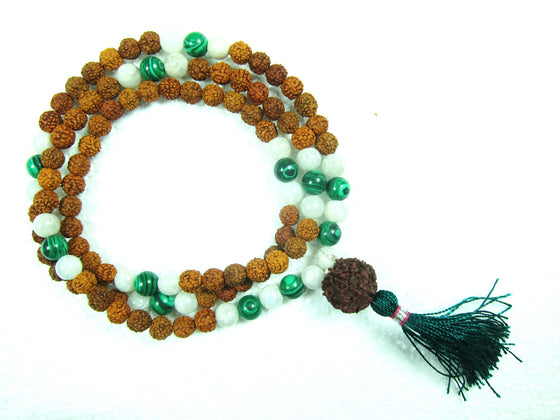 Yoga Mala Beads Green Jade Rudraksha, Moon Stone Healing