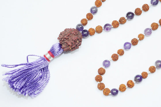 Tibet Buddhist Zen Mala Rudraksha AMETHYST Necklace Spiritual Beads