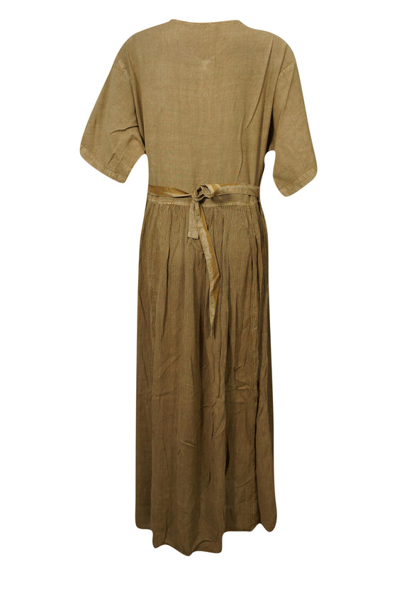 Maxi Dress, Boho Crinkled Button Down Loose Dress, L