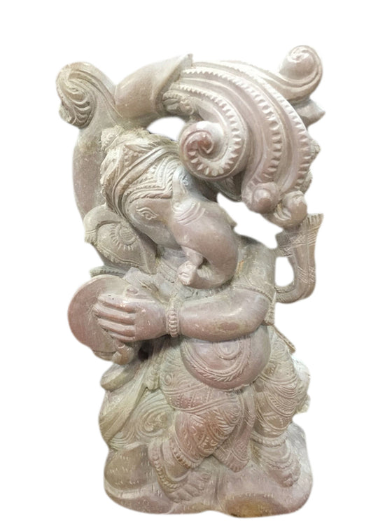 Handmade Ganesha Statue Spiritual Carved Precious Stone Statue Playing With Cymbals