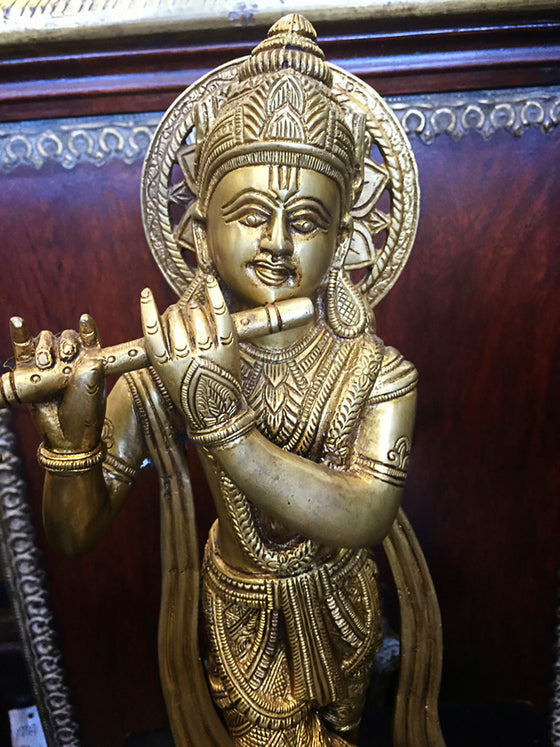 Brass Krishna Statue Hand Carved Standing Krishna Playing the Flute Figurine
