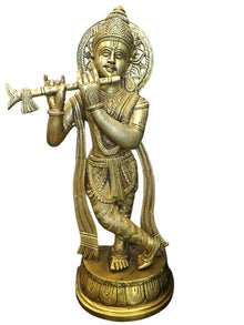  Brass Krishna Statue Hand Carved Standing Krishna Playing the Flute Figurine
