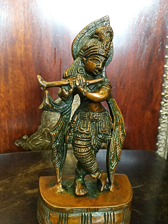 Studio Decor Lord Krishna Brass Sculpture Playing Flute Handcarved Idol 7