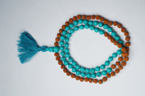 Turquoise Japa Mala Necklace Meditation Beaded Tassel Rudraksha Mala