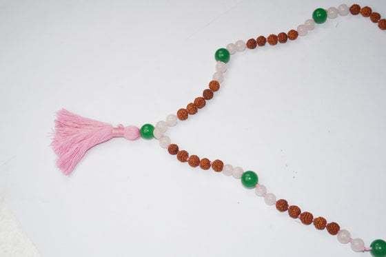 VEDAMALAS Rose Quartz Green Jade & Rudraksha Mala, Gemstone