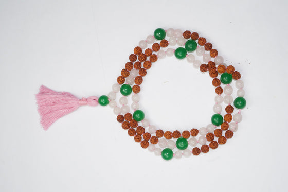 VEDAMALAS Rose Quartz Green Jade & Rudraksha Mala, Gemstone