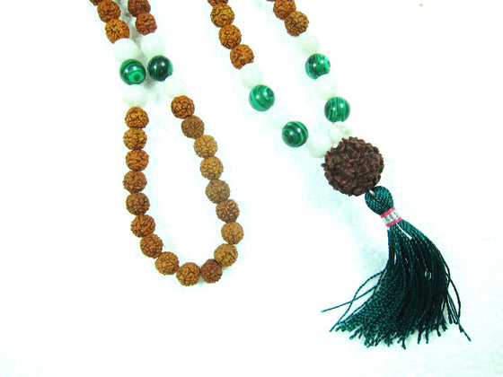 Yoga Mala Beads Green Jade Rudraksha, Moon Stone Healing