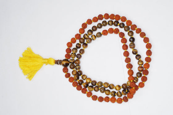 Rudraksha Tiger Eye Beads Yellow Tassel Hand Knotted Mala