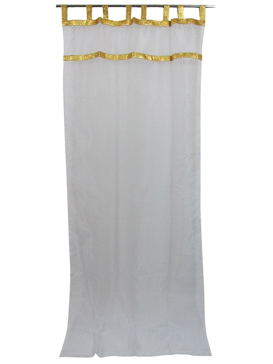 Snowflake White Sari Curtains, Indi Boho Sheer Curtains Tab Tops