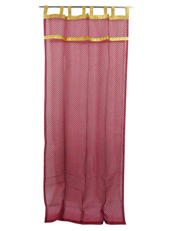 2 Maroon Sheer Curtains, Boho Bed Canopy Gold Border Tab Top Curtains