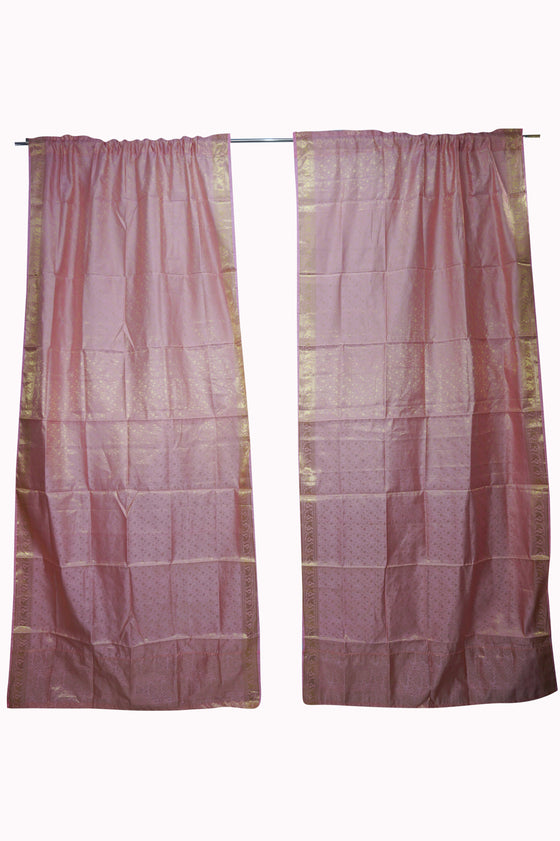 Pair of Sari Curtains, Rose Pink Gold Brocade Curtains, Rod Pocket, 96