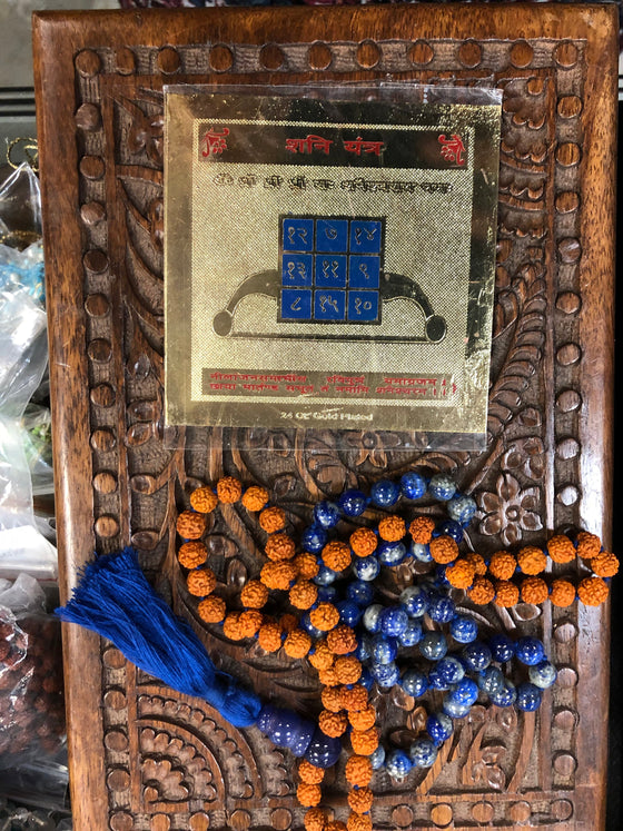 Vedic Altar-Lapis Lazuli Rudraksha Mala Necklace With Shani Yantra