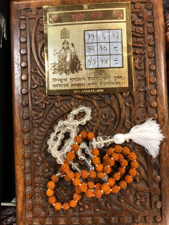 Rudraksha Crystal Quartz Mala Beads Shukra Venus Yantra Altar