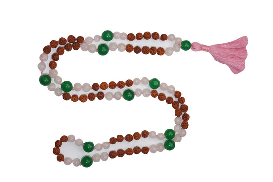 VEDAMALAS Rose Quartz Green Jade & Rudraksha Mala, Gemstone