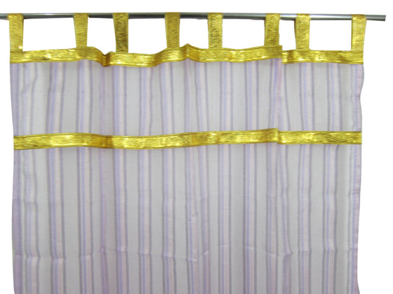 Pair of Boho Sheer Curtains, Purple Stripes, Gold Tabs, Bed Canopy Curtains, 84