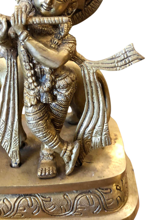 Fluting Krishna, Brass Indian Hindu God Lord Krishna with Cow