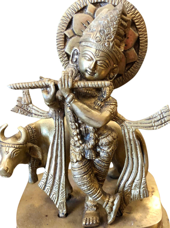 Fluting Krishna Statue Brass Indian Hindu God Lord Krishna with Cow