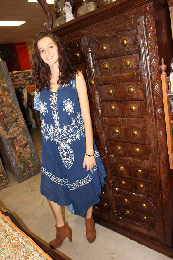 Boho Beach Flared Dresses Soft Embroidered Stonewashed Blue Summer Dress SM