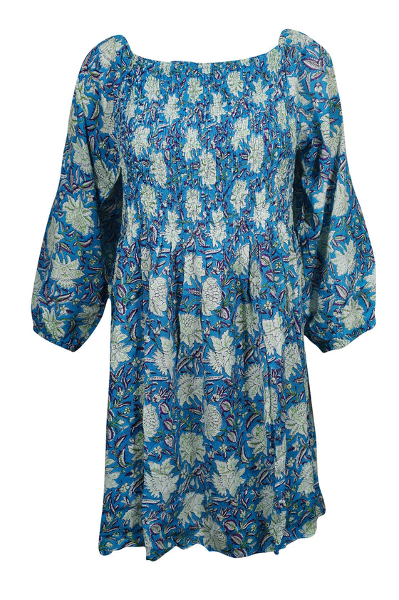 Bohemian Gypsy Dress Printed Blue Loose Dresses Hippy Chic L