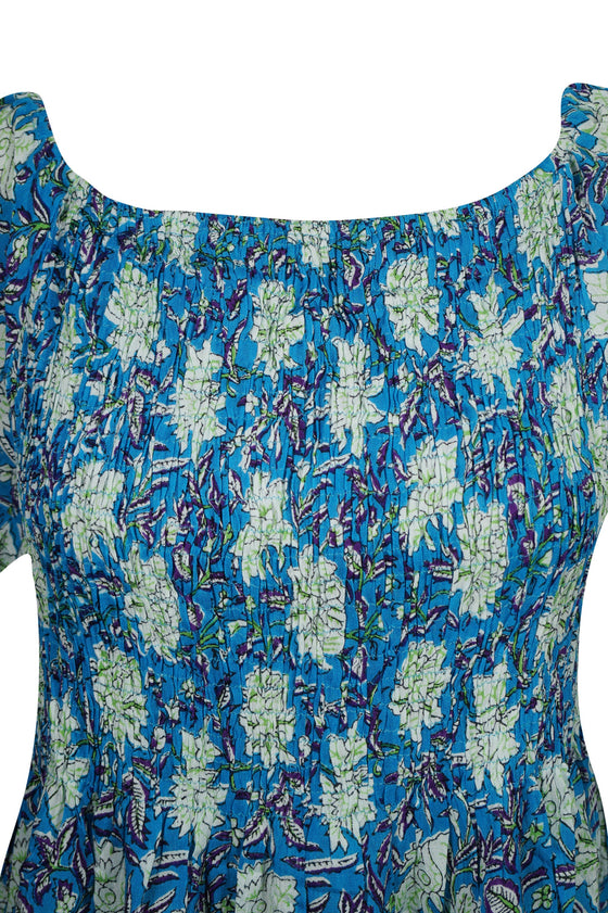 Bohemian Gypsy Dress Printed Blue Loose Dresses Hippy Chic L
