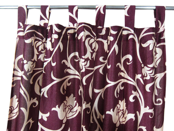 Pair of Floral Curtains, Printed Crushed Velvet Feel Plum Tab Top Curtains 96