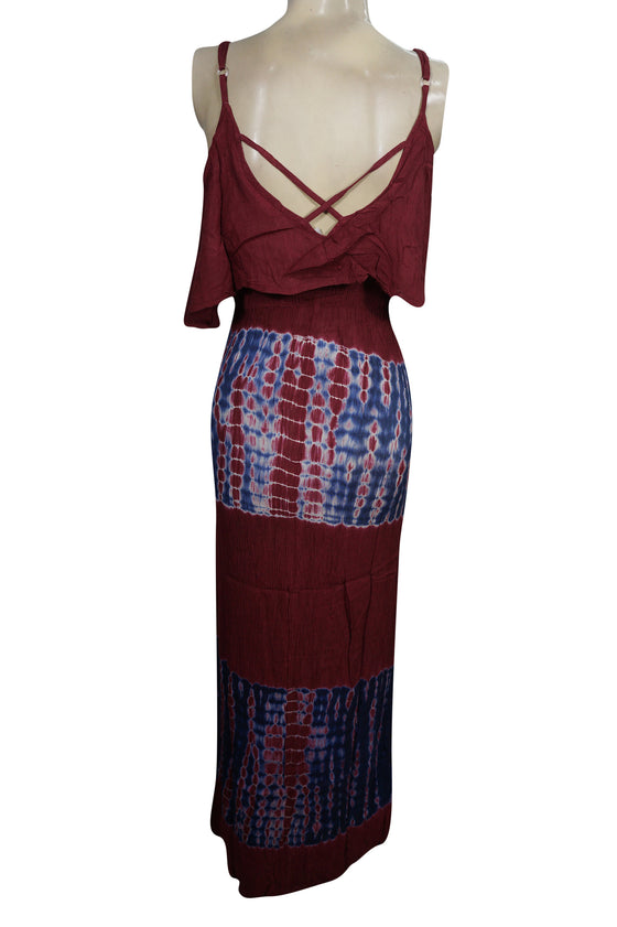 MAXI dress,Boho Maroon Tie Dye DRess,Casual Summer Strap M