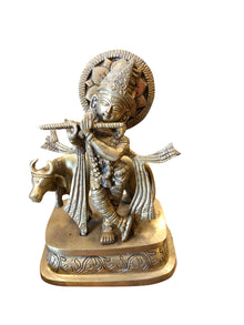  Fluting Krishna, Brass Indian Hindu God Lord Krishna with Cow