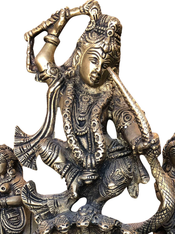 Antique Krishna Statue Dancing On Serpent Kaliya Handcrafted Brass Idol