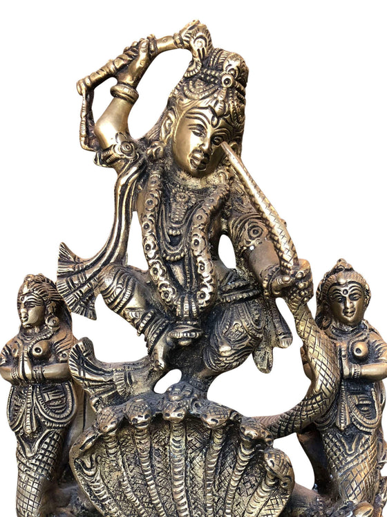 Antique Krishna Statue Dancing On Serpent Kaliya Handcrafted Brass Idol