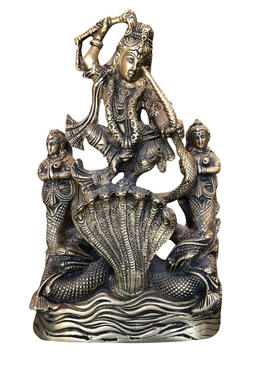 Antique Krishna Dancing On Serpent Kaliya handcrafted brass idol