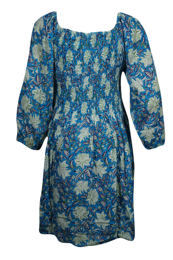 Bohemian Gypsy Dress Printed Blue Loose Dresses Hippy Chic L