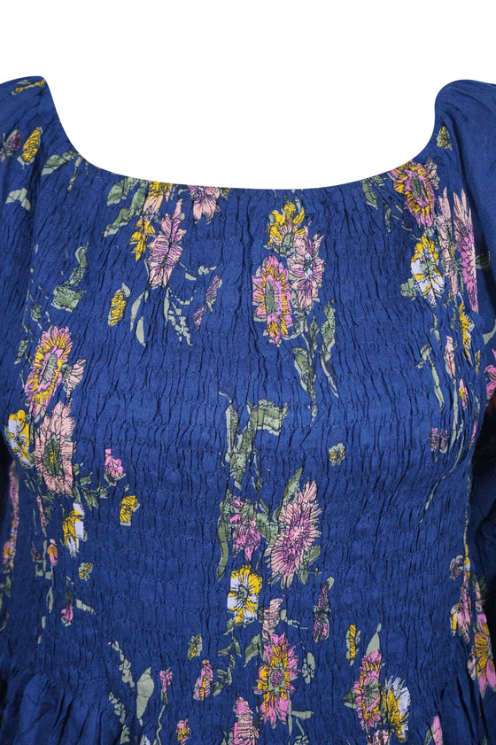 Floral Dresses, Blue Printed, Fit Flare OFF SHOULDER L