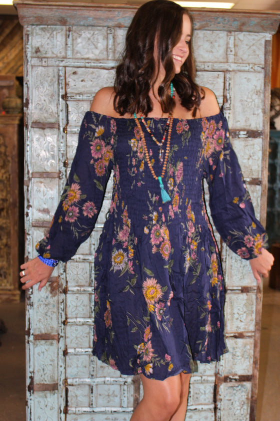 Elastic Boho Short Dress Gypsy Fit Flare Off Shoulder Cinched Waist Sundress L Elastic Boho Short Dress Gypsy Fit Flare Off Shoulder Cinched Waist Sundress L