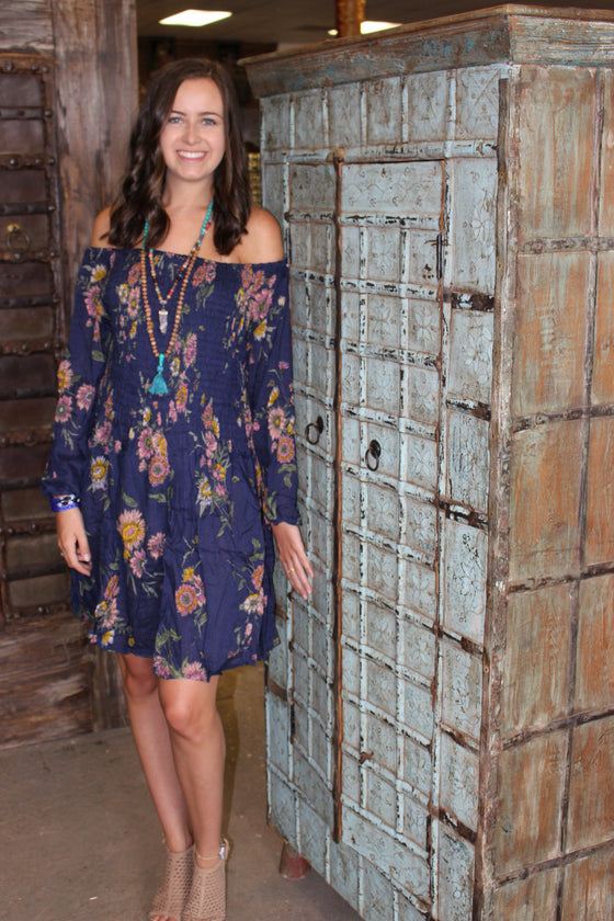 Bohemian Gypsy Dress Printed Blue Loose Dresses Hippy Chic L
