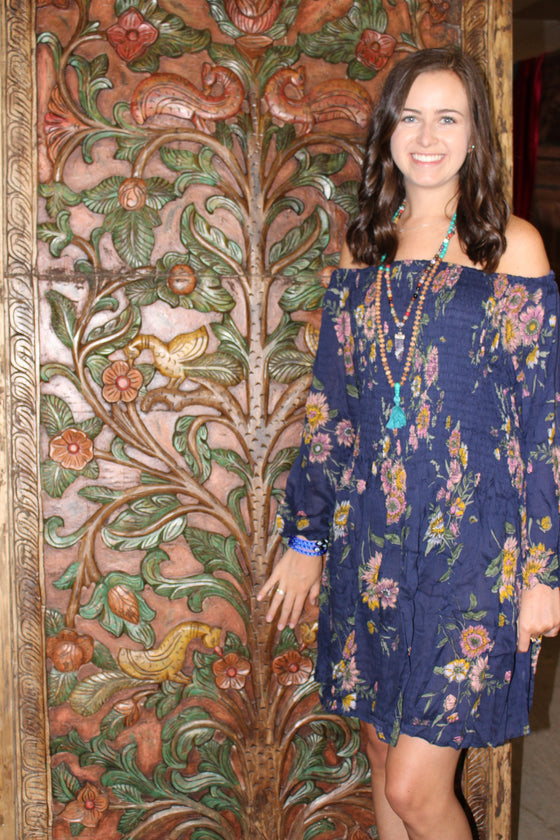 Bohemian Gypsy Dress Printed Blue Loose Dresses Hippy Chic L