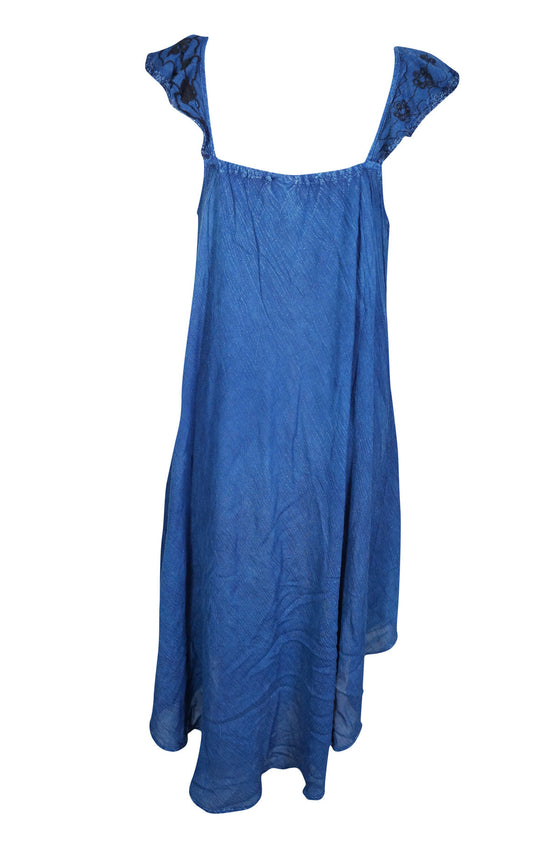 Boho Beach Flared Dresses Soft Embroidered Stonewashed Blue Summer Dress SM