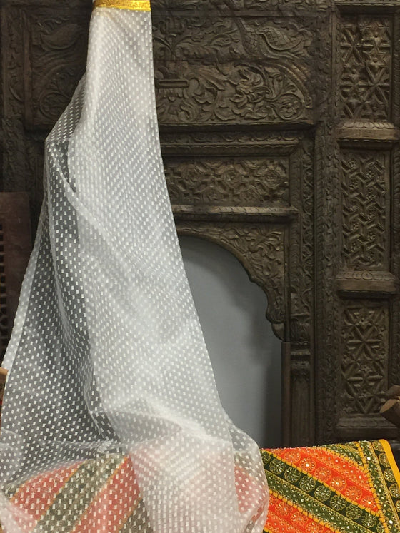 Pair of Snowflake White Sari Curtains, Indi Boho Sheer Curtains Tab Tops