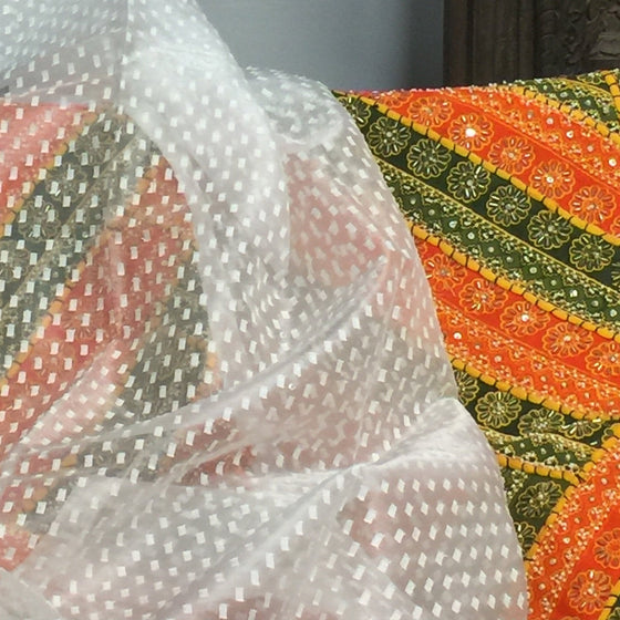 Pair of Snowflake White Sari Curtains, Indi Boho Sheer Curtains Tab Tops