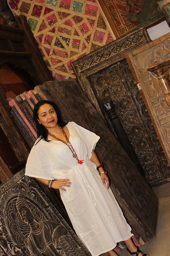 Kaftan Maxidress, pURE cOTTON gAUZE, Bohemian White Red S/M/L