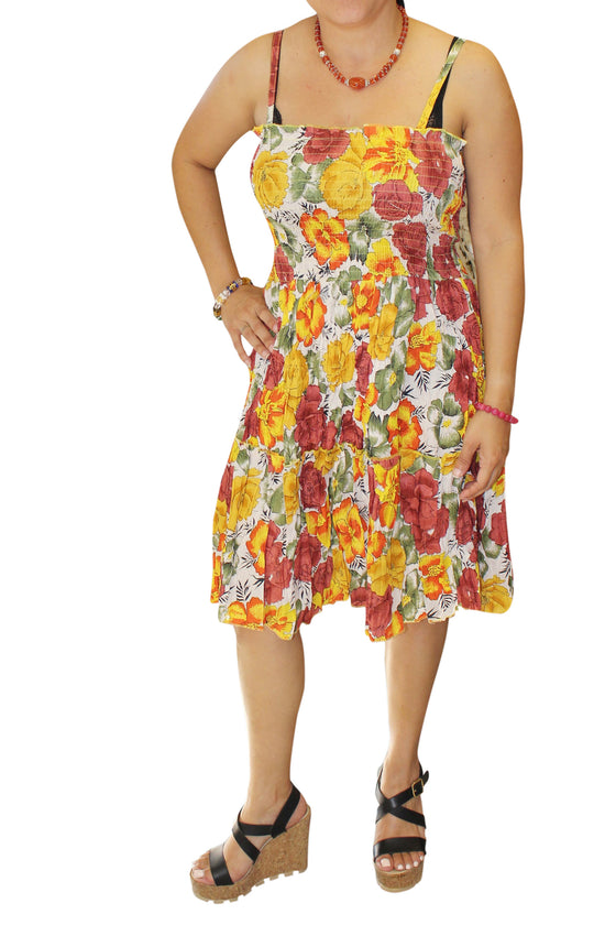 Beach Dresses Colorful Yellow Floral Printed Cotton Boho S/M
