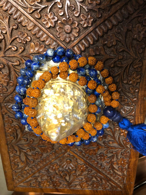 Sri Yantra Altar, Yoga mala, Rudraksha Lapiz Lazuli Mala