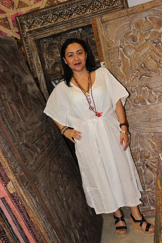 Kaftan Maxidress, pURE cOTTON gAUZE, Bohemian White Red S/M/L