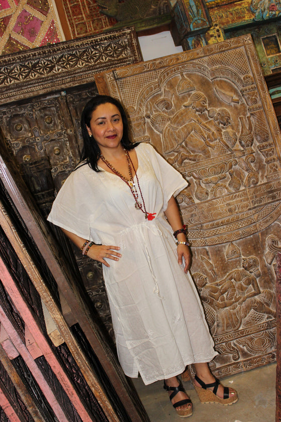 Kaftan Maxidress, pURE cOTTON gAUZE, Bohemian White Red S/M/L