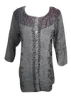 Bohemian Tunic Top,Grey Embroidered Top,Stone Wash Button Front Tunic L