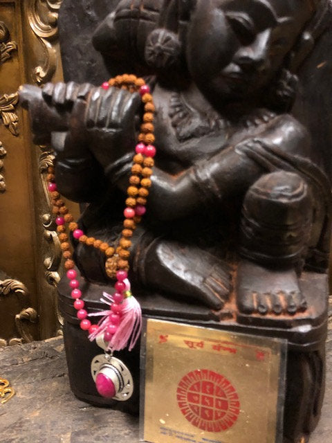 Spiritual Altar Rudraksha Pink Jade Mala Prayer Beads Surya Yantra