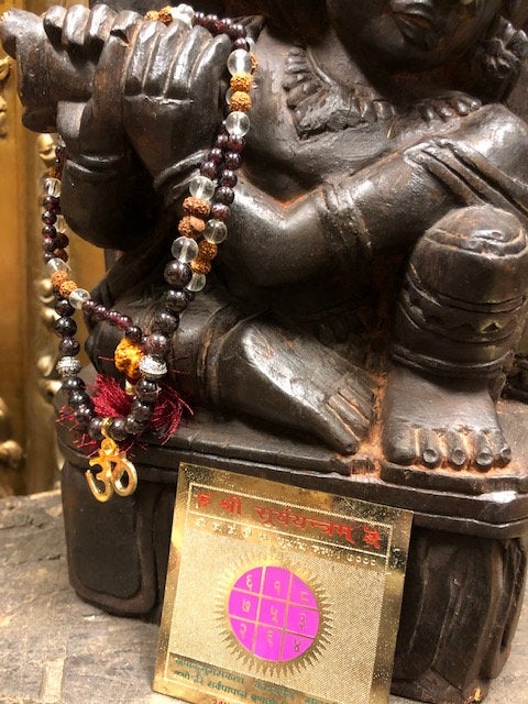 Garnet Prayer Mala, QUARTZ crystal Rudraksha Combination Malabeads, Surya