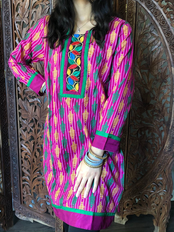 Tunic Dress Pink Printed Cotton Bohemian Embroidered Kurti SM