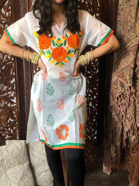 Tunic Dress Floral Orange Embroidered Summer Comfy Bohemian M